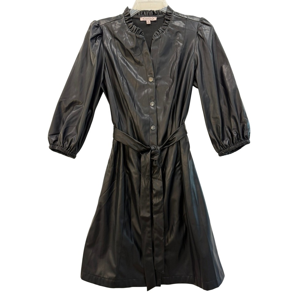 Nanette Lepore Black Faux Leather Ruffle Neck Snap Front Belted Midi Dress 8